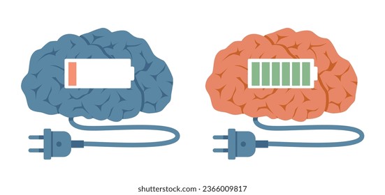 Gehirnaktivität, Gehirn mit und ohne volle Ladung. Batteriespiegel im Kopf. Psychische Gesundheit und positive Therapie. Mind-Entwicklung und Erinnerung, Cartoon flach einzelne Illustration. Vektorkonzept