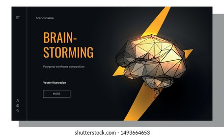 Gehirn auf Blitz-Hintergrund. Low-Poly-Wireframe-Stil. Konzept für Brainstorm, Macht Gehirn. Polygonale Abstrakte einzeln auf schwarzem Hintergrund. Vektorillustration