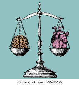 Brain against heart on Libra. Vector illustration.