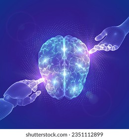 Brain. AI. Artificial Intelligence. Neural network. Hands of Robot and Human touching digital brain with binary code. IQ testing. Machine learning science and technology concept. Vector illustration.