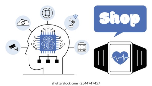 Cérebro com chip de IA conectado a nuvem, rede, braço robótico, câmera e smartwatch de servidor mostrando o ícone da loja de frequência cardíaca no balão de fala. Ideal para tecnologia, IA, Internet das coisas, e-commerce