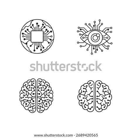 Brain and AI Chip Icons – Neural Technology and Cyber Eye Line Art