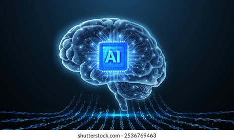 Cérebro e chip de IA no interior. Inteligência artificial, Ciência do cérebro, Sistema neuro, Mente humana, Rede de neurologia, Educação moderna, Tecnologia médica, Sistema de IA, conceito de implante. ilustração de vetor 3d