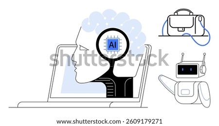 Brain with AI chip inside human head emerging from laptop, robotic assistant waving, and business laptop bag. Ideal for technology, artificial intelligence, business automation, robotics, digital