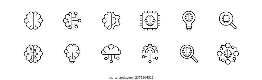 Brain AI line icon. Brainstorm illustration. AI brain icon set. Artificial intelligence illustration. Editable stroke. Vector illustration.