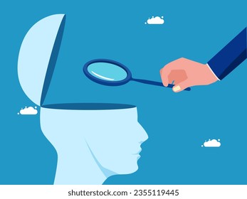 Análisis cerebral. Empresario usa una lupa para mirar la cabeza humana