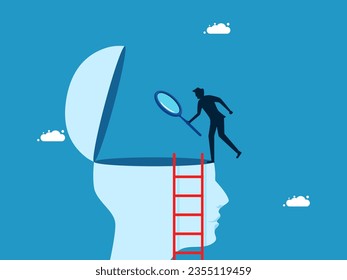 Brain analysis. man uses a magnifying glass to look at the human head