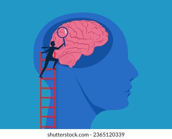 Brain analysis. man uses a magnifying glass to look at the brain