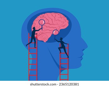 Brain analysis. team Businessman uses a magnifying glass to look at the brain