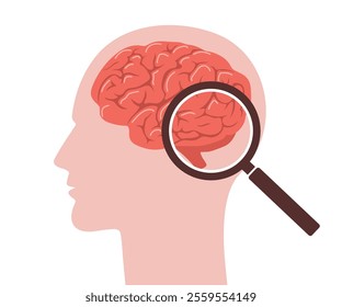 Brain anatomy. Human head with magnifier. Neurology disease diagnostics. Side view. Vector illustration in flat cartoon style.
