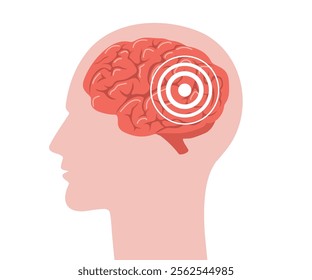 Brain anatomy. Human head in profile with red brain inside. Headache concept. Migraine symbol isolated on white background. Side view. Vector illustration in flat cartoon style.