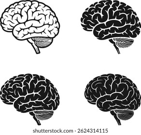 Hirnanatomie Silhouette Set, Medizinische Vektorgrafik des menschlichen Gehirns einzeln, Gehirnsilhouette