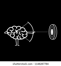 Brain archer aiming target. Vector concept illustration of mind focusing on goal | flat design linear infographic icon white on black background