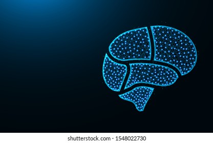 Brain areas low poly design, human organ abstract geometric image, medical wireframe mesh polygonal vector illustration made from points and lines on dark blue background