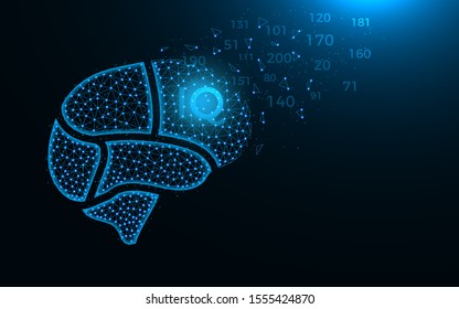 Brain areas low poly design, Intelligence quotient abstract geometric image, IQ wireframe mesh polygonal vector illustration made from points and lines on dark blue background