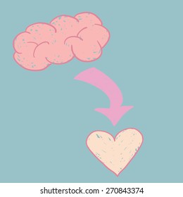Brain, arrow and heart in line hand drawing design vector.