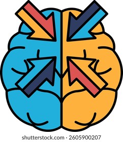 A brain with arrows pointing in different directions. The arrows are blue and orange. The brain is split into two halves
