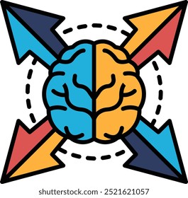 A brain with arrows pointing to it, one pointing to the left and the other pointing to the right. The brain is split into two halves, with the left half being blue and the right half being yellow