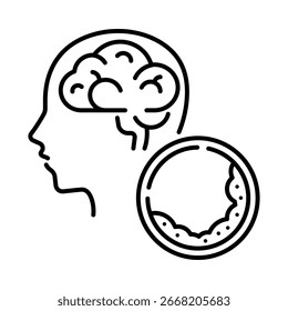 Cerebro con placa arterial, que representa riesgo de accidente cerebrovascular y efectos neurológicos. Estilo de contorno. Aislado en un fondo blanco.