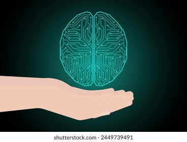 Cerebro. Inteligencia artificial. Mano sosteniendo el cerebro humano. Lluvia de ideas, creatividad y pensamiento Idea Concepto. Inteligencia artificial.  Ilustración vectorial. 