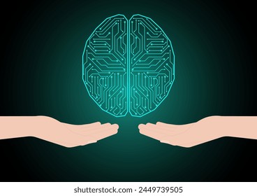 Cerebro. Inteligencia artificial. Mano sosteniendo el cerebro humano. Lluvia de ideas, creatividad y pensamiento Idea Concepto. Inteligencia artificial.  Ilustración vectorial. 