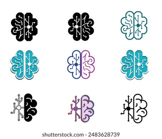 brain and artificial intelligence icon set. Flat, outline, and modern design style. suitable is used for presentations, brands, materials