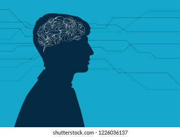 brain and artificial intelligence. Profile on background of line network, neural network. Concept of brain activity