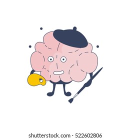 Brain Artist Comic Character Representing Intellect And Intellectual Activities Of Human Mind Cartoon Flat Vector Illustration