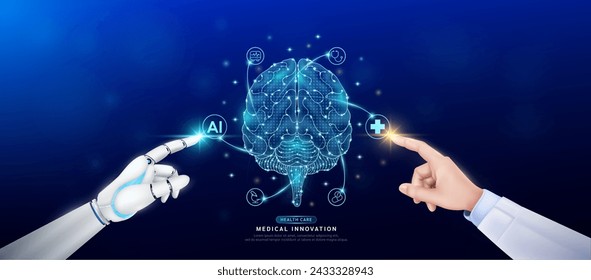 Brain in atom. Doctor and robot finger touching icon AI cross symbol. Health care too artificial intelligence cyborg or technology innovation science medical futuristic. Banner vector EPS10.