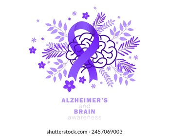 Alzheimer’s and Brain Awareness Month. Brain and ribbon, flowers