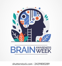 La Semana de Concientización Cerebral (BAW, por sus siglas en inglés) es una campaña global que se lleva a cabo cada año a mediados de marzo para aumentar la conciencia pública de los beneficios y el progreso de la investigación cerebral. Ilustración de vector