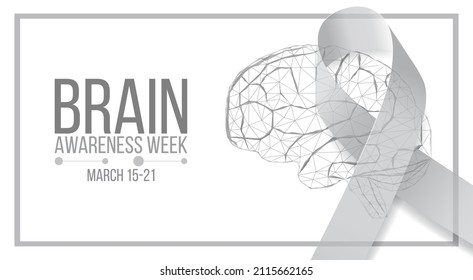 Brain awareness week concept. Banner template with low poly brain, grey ribbon and text.  Vector illustration.
