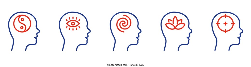 Brain Balance Harmony in Head Line Icon. Illuminati Eye, Target, Lotus Khamsa, Yin Yang Linear Pictogram. Peace in Human Head Concept Color Outline Icon. Editable Stroke. Isolated Vector Illustration.