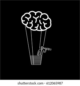 Brain baloon. Vector business illustration of businessman finding new inspiration with telescope | modern flat design linear concept icon and infographic white on black background