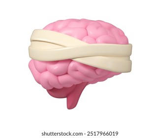 Brain with bandage vector 3d icon. Cartoon illustration of mental disorder isolated on white background. Mind therapy or neurosurgery concept