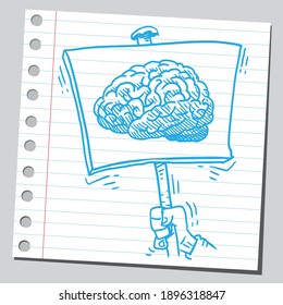 Brain at banner. Protester holding banner with drawing of a brain on it.
