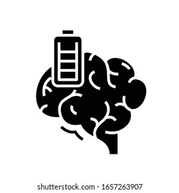 Brain battery black icon, concept illustration, vector flat symbol, glyph sign.