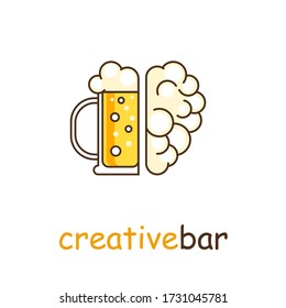 Brain and beer cup logo, creative concept. Beer bar logotype. Creative bar illustration.