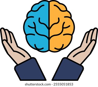A brain is being held by two hands, with one hand being blue and the other being orange. Concept of protecting and nurturing the brain, which is an essential part of the human body