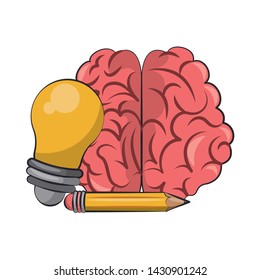 Brain with big idea bulb light and pencil vector illustration graphic design