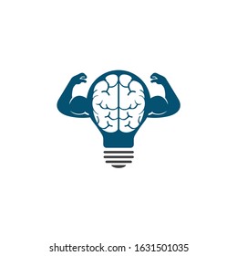 Brain with big muscles and bulb shape vector logo design. Brain and intellect power.