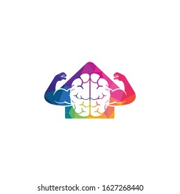 Brain with big muscles and home shape vector logo design.