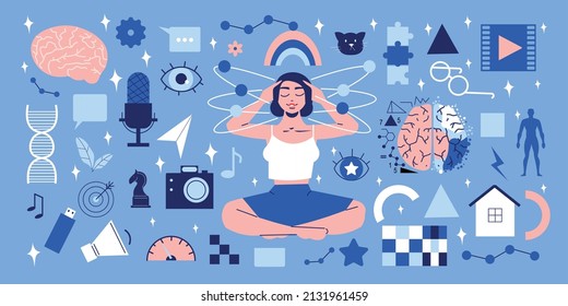 Brain big set with isolated icons of mind puzzles spinning molecules geometric figures and female character vector illustration