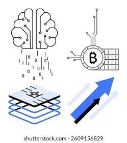 Brain with binary code, cryptocurrency symbol, digital layers, and upward arrows. Ideal for technology, AI, blockchain, finance, and digital innovation themes. Simple modern style