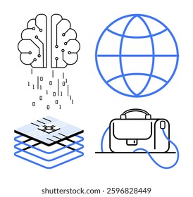Brain with binary code, global network icon, stacked chip layers, and briefcase. Ideal for technology, business, global connectivity, artificial intelligence, digital transformation, innovation