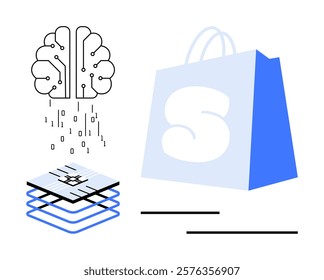 Brain with binary code, layered chip, and shopping bag represent AI and machine learning in e-commerce. Ideal for technology, retail, online shopping, data analysis, and innovation. Simple vector