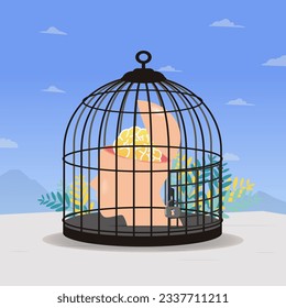 Brain in birdcage. Freedom of mind concept vector illustration