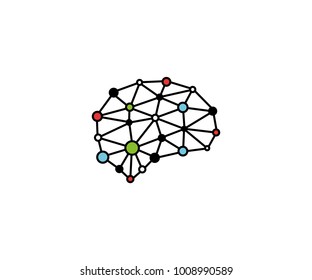 Brain blockchain logo template colorful. Neuronal digital communication vector design. Mind dots illustration
