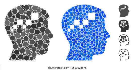 Brain blockchain mosaic of small circles in variable sizes and color tinges, based on brain blockchain icon. Vector small circles are united into blue mosaic.