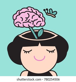 A Brain Blossoms Atop A Green Stem, Growing In Head Of A Girl. Concept Of A Fresh Mind And Idea Card Character illustration